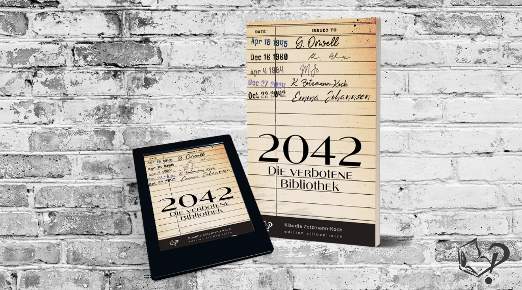 Headergrafik mit Cover-Mockups des Buchs "2042 – Die verbotene Bibliothek"